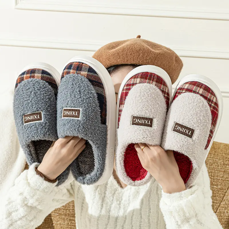 Women Winter Plush Anti-Slip Slippers Brown Plaid