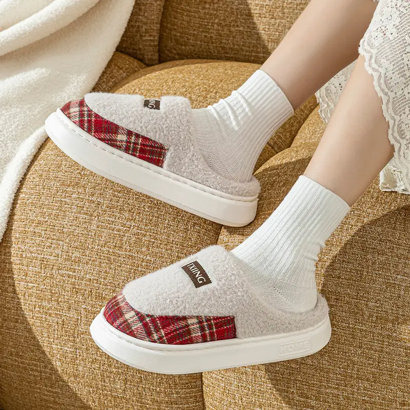 Women Winter Plush Anti-Slip Slippers Brown Plaid