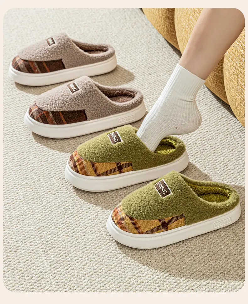 Women Winter Plush Anti-Slip Slippers Brown Plaid — feature 13