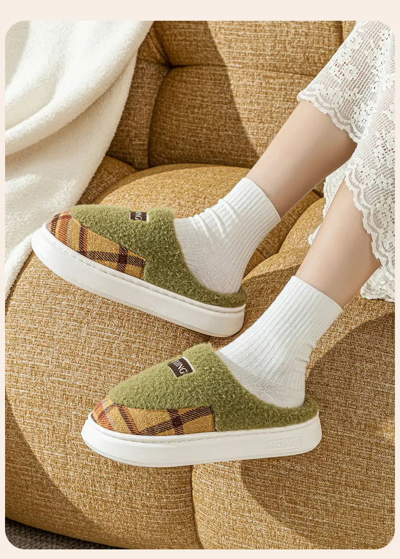 Women Winter Plush Anti-Slip Slippers Brown Plaid — feature 15