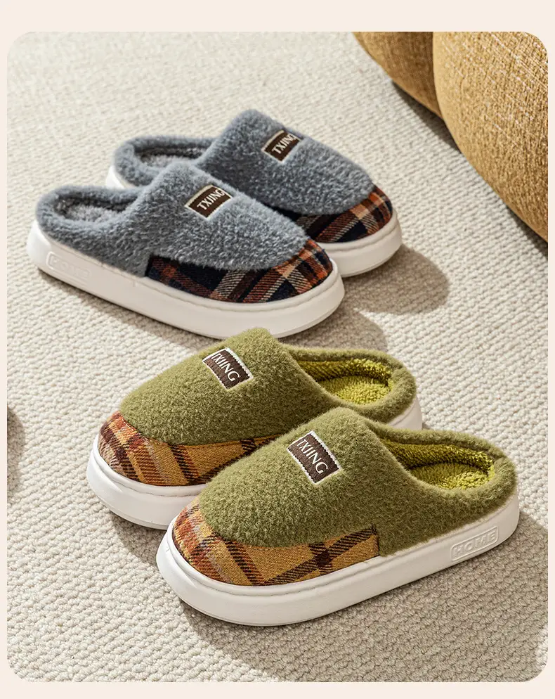 Women Winter Plush Anti-Slip Slippers Brown Plaid — feature 16