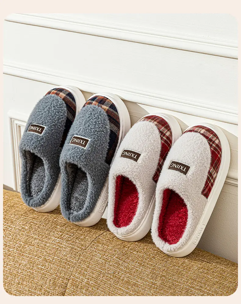 Women Winter Plush Anti-Slip Slippers Brown Plaid — feature 17