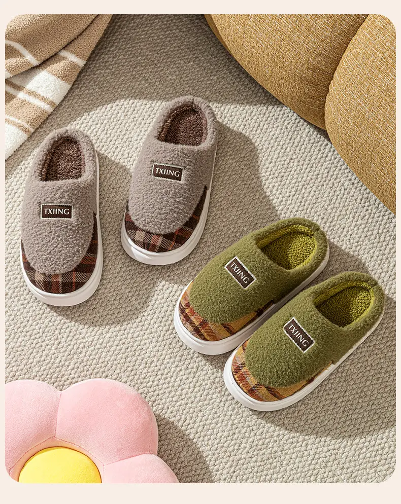 Women Winter Plush Anti-Slip Slippers Brown Plaid — feature 18