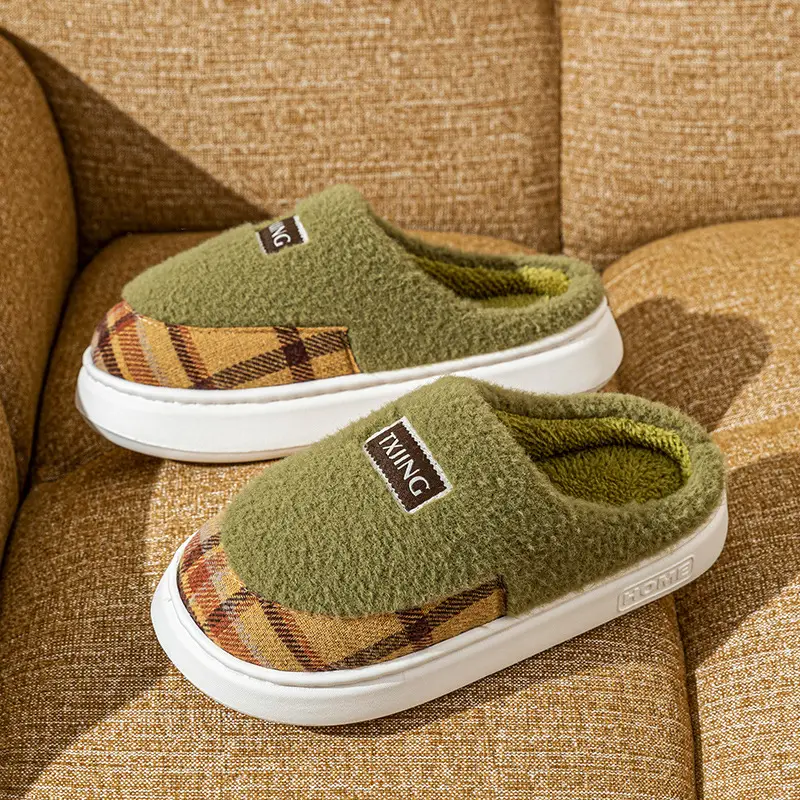 Women Winter Plush Anti-Slip Slippers Brown Plaid