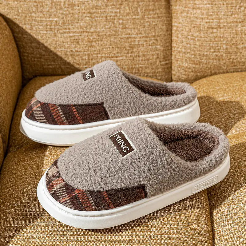 Women Winter Plush Anti-Slip Slippers Brown Plaid