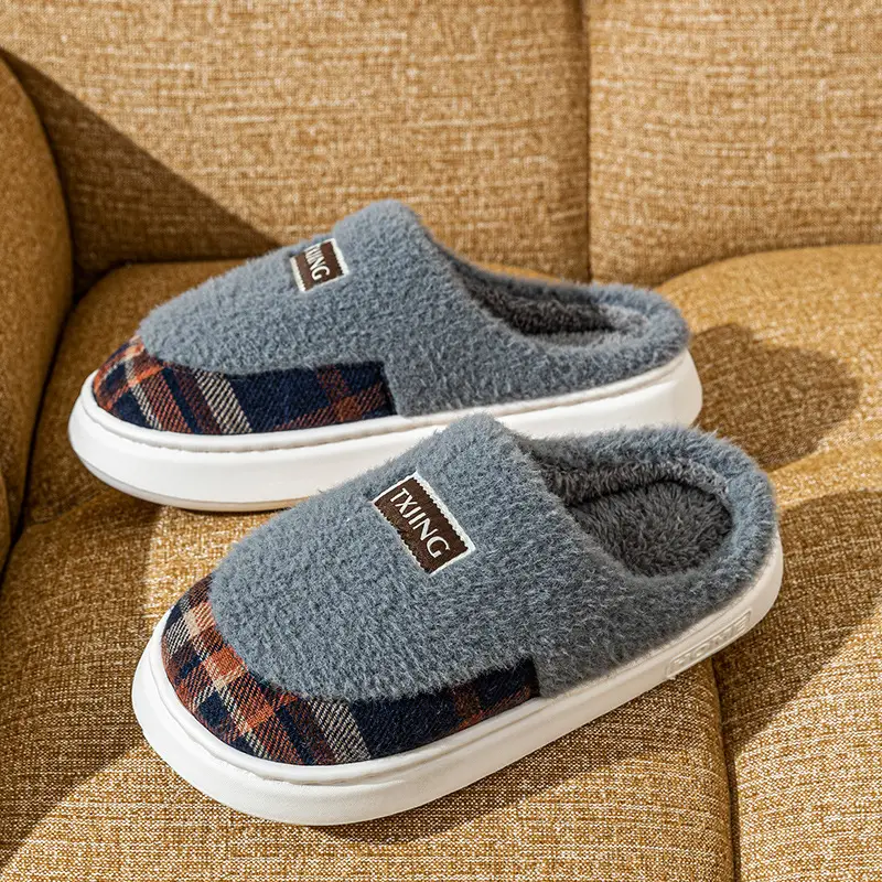 Women Winter Plush Anti-Slip Slippers Brown Plaid