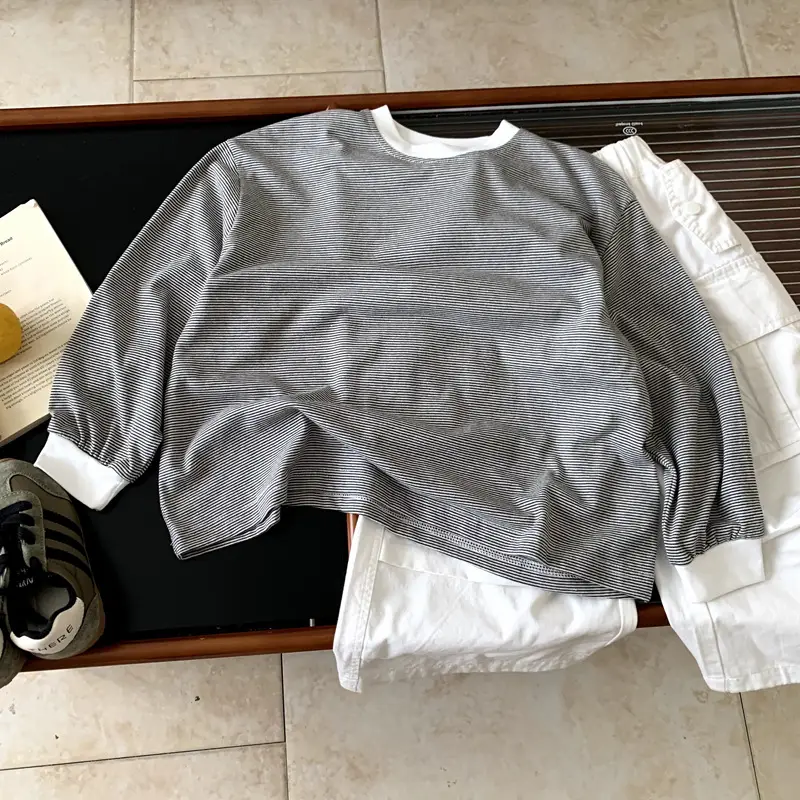 Girls Grey Long Sleeve T-Shirt with White Stripes Bottom — feature 2