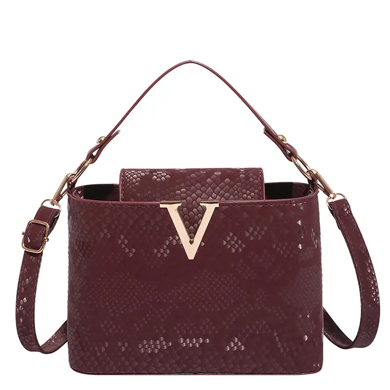 Maroon Snake Pattern Satchel Bag with Gold V Hardware - Image 10