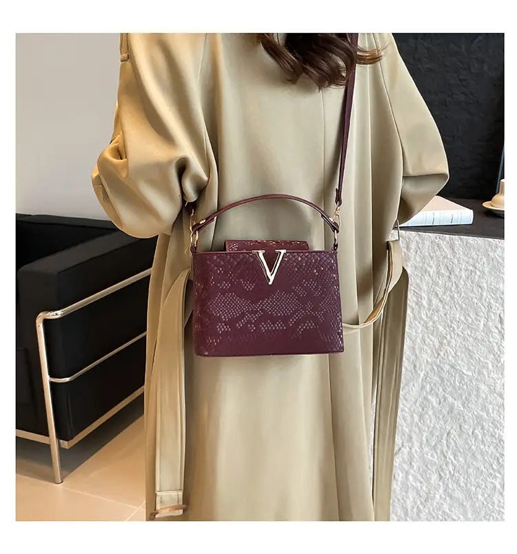 Maroon Snake Pattern Satchel Bag with Gold V Hardware — feature 13