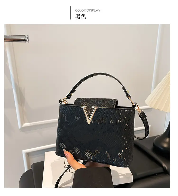 Maroon Snake Pattern Satchel Bag with Gold V Hardware — feature 20