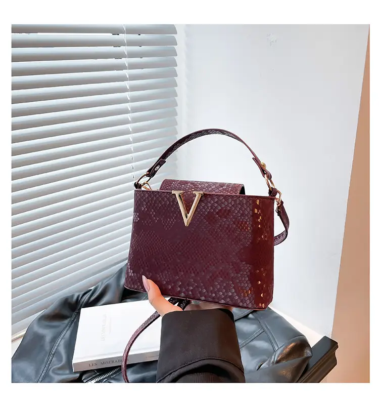 Maroon Snake Pattern Satchel Bag with Gold V Hardware — feature 25