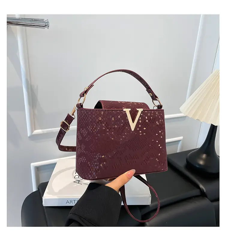 Maroon Snake Pattern Satchel Bag with Gold V Hardware - Image 3