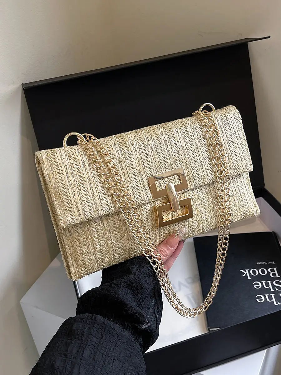 2026 Straw Bag with Gold Chain for Women - Image 6