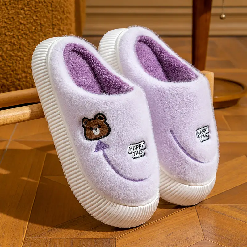 Winter Cotton Slippers Purple Bear Design - Image 2