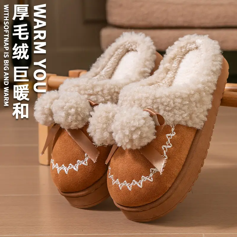 Pink Warm Cotton Slippers with Bow Decor