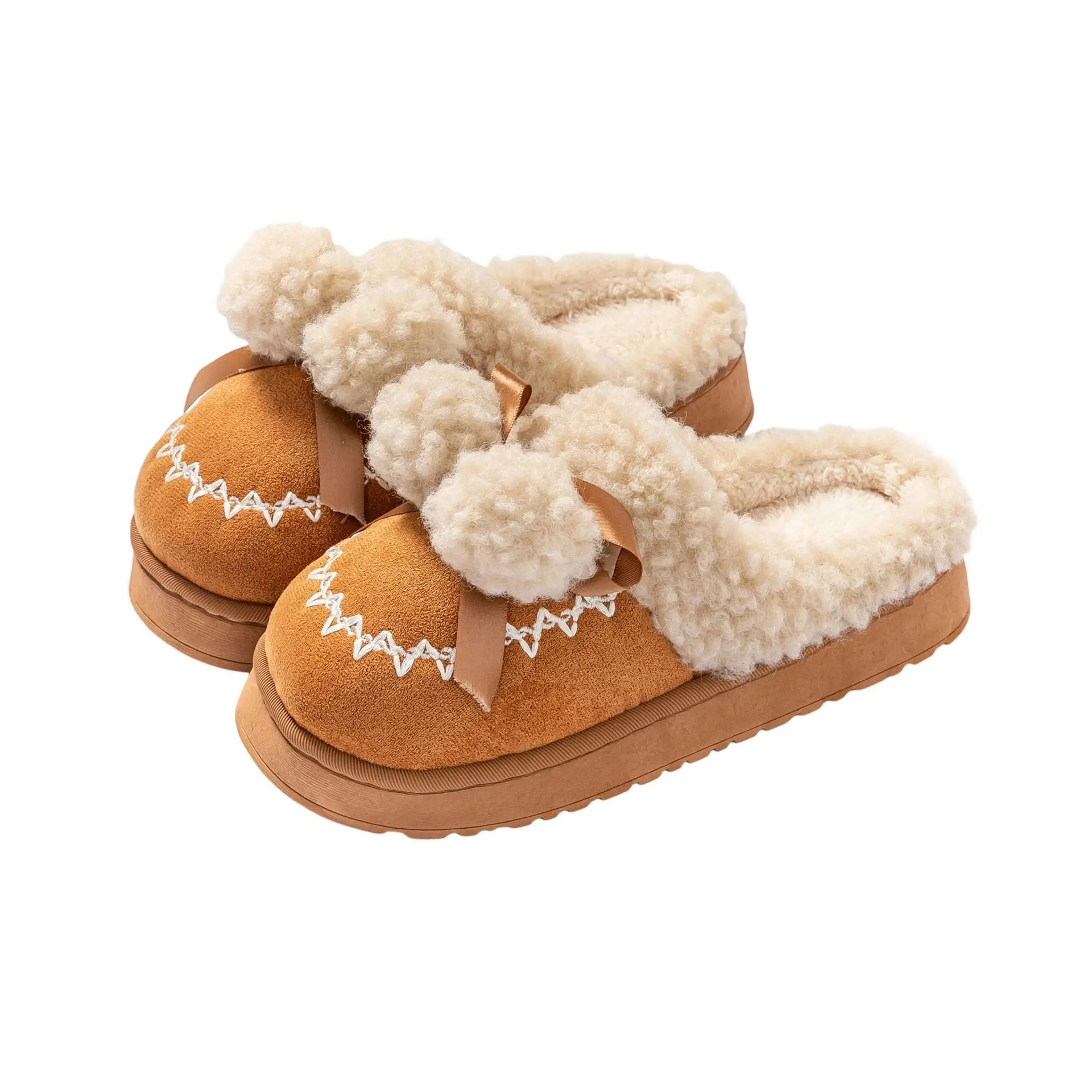 Pink Warm Cotton Slippers with Bow Decor