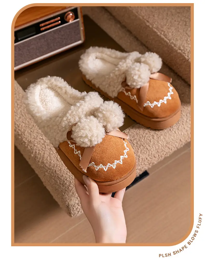 Pink Warm Cotton Slippers with Bow Decor — feature 12