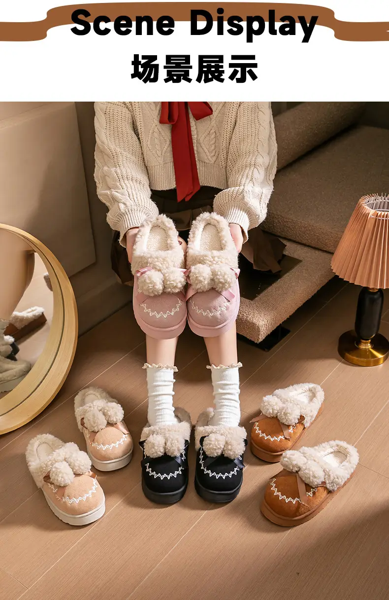 Pink Warm Cotton Slippers with Bow Decor — feature 16