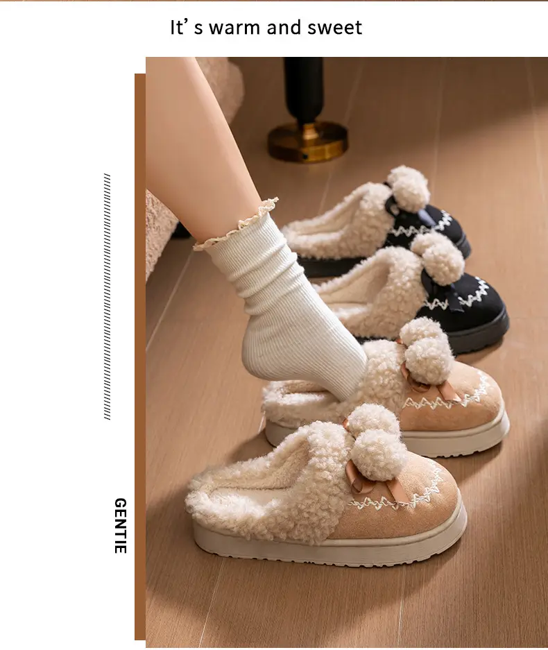 Pink Warm Cotton Slippers with Bow Decor — feature 17