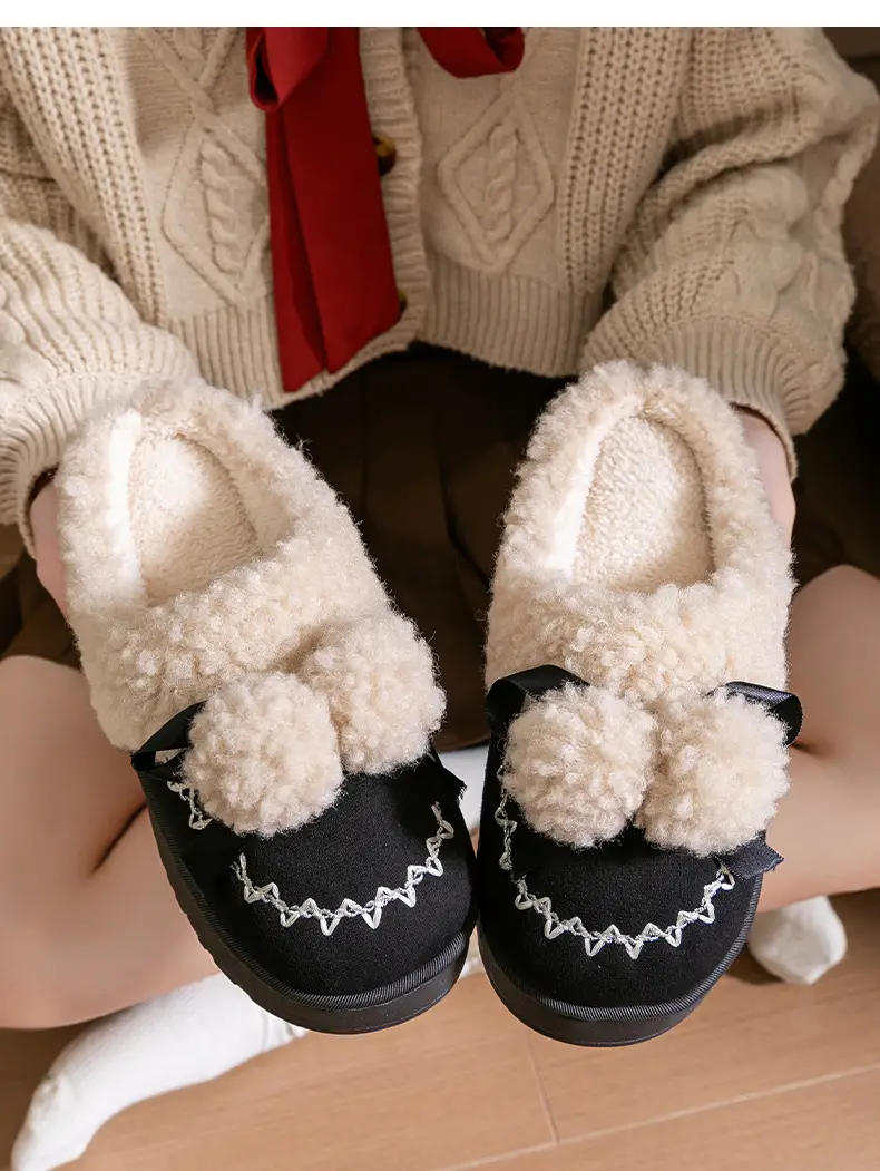 Pink Warm Cotton Slippers with Bow Decor — feature 18