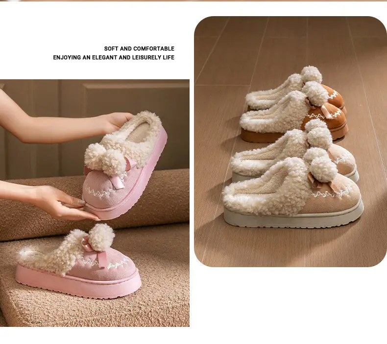 Pink Warm Cotton Slippers with Bow Decor — feature 19