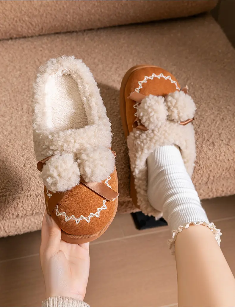 Pink Warm Cotton Slippers with Bow Decor — feature 20