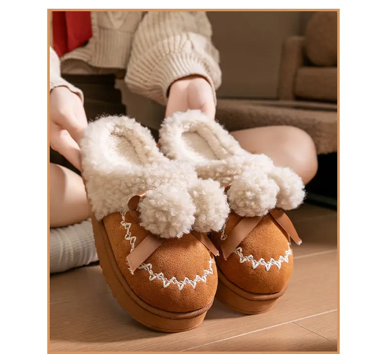 Pink Warm Cotton Slippers with Bow Decor — feature 22