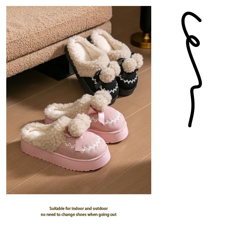 Pink Warm Cotton Slippers with Bow Decor — feature 23