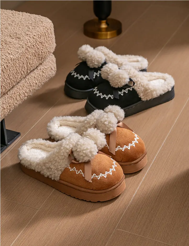 Pink Warm Cotton Slippers with Bow Decor — feature 24