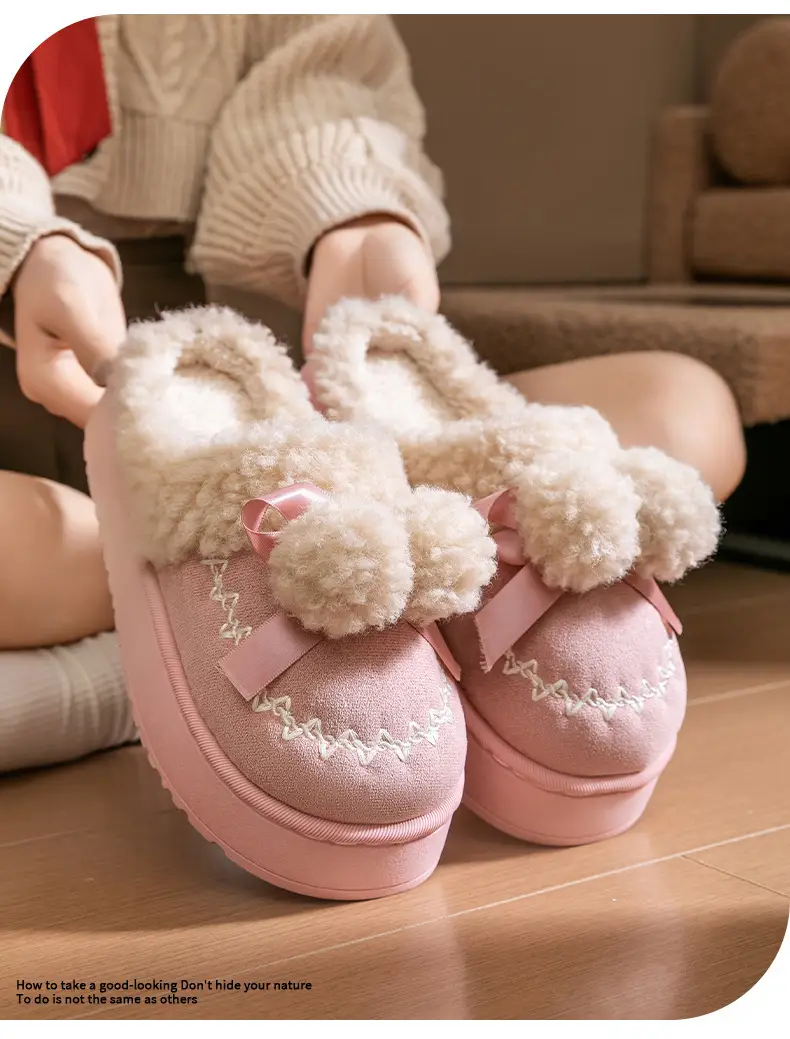 Pink Warm Cotton Slippers with Bow Decor — feature 3