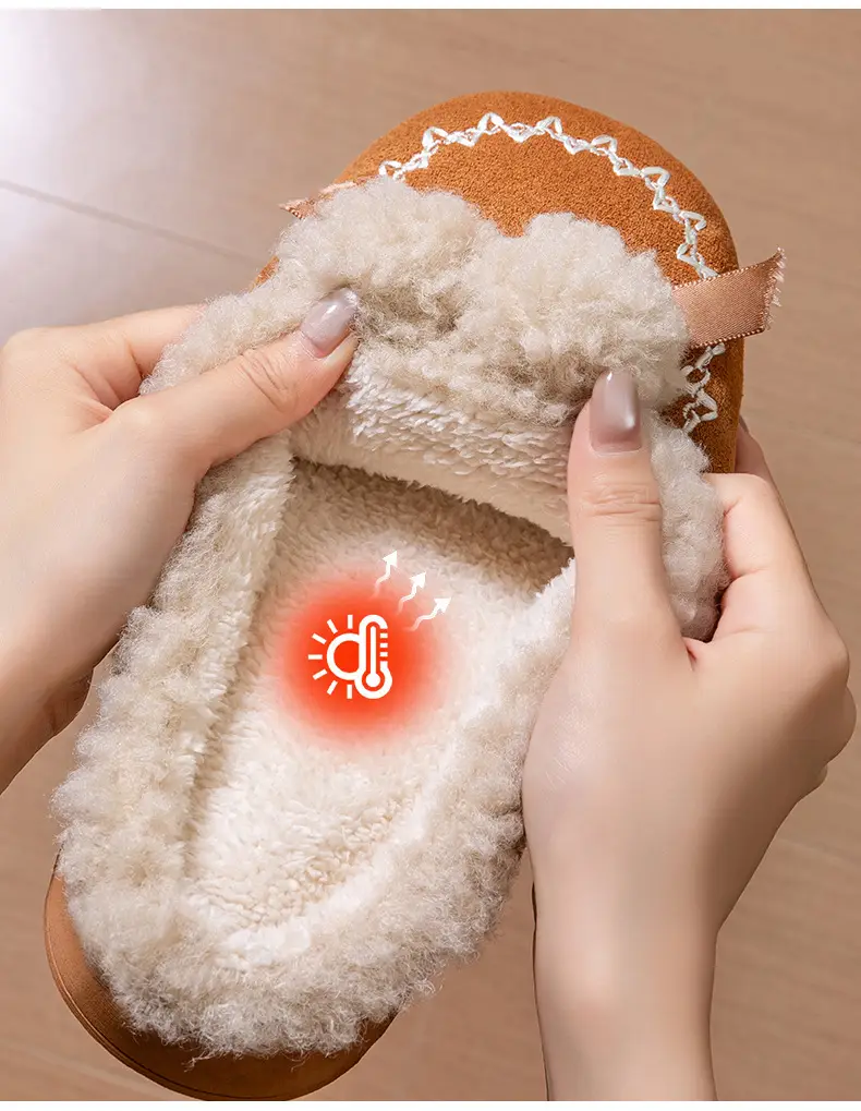 Pink Warm Cotton Slippers with Bow Decor — feature 8