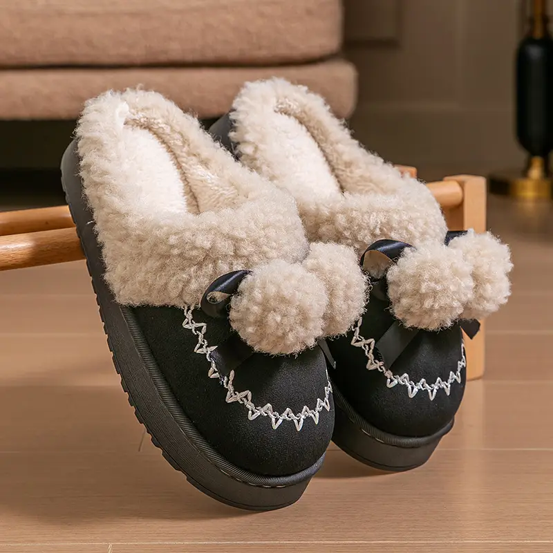 Pink Warm Cotton Slippers with Bow Decor