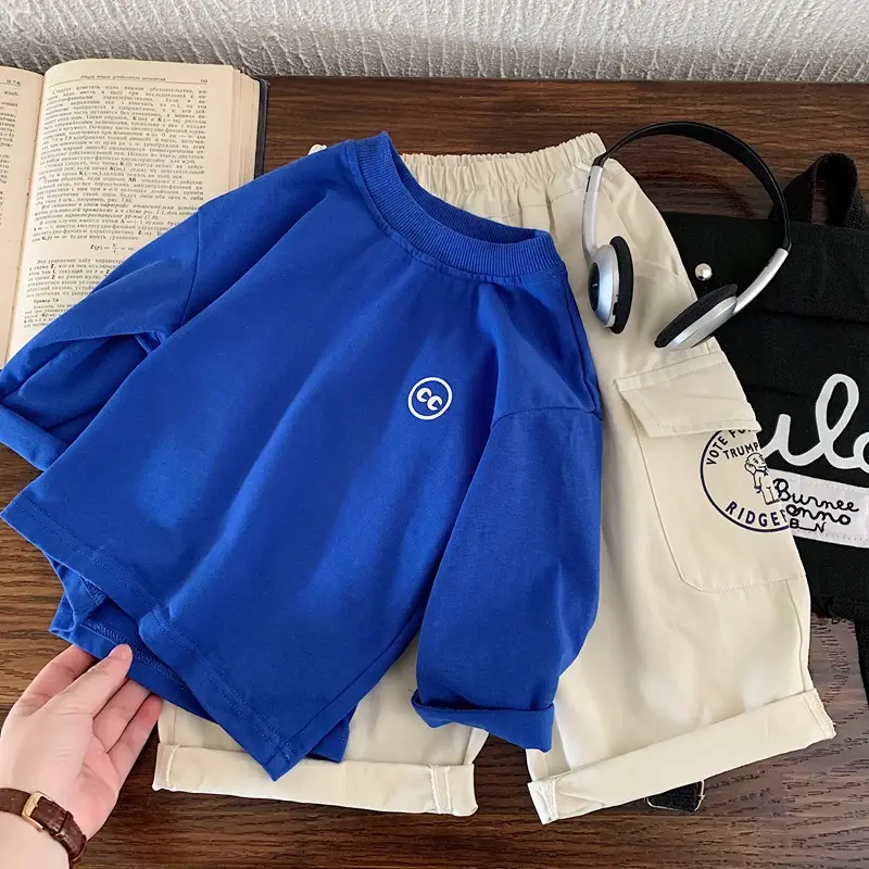 Blue Pure Cotton Boys Letter T-Shirt Long Sleeve Autumn - Image 2
