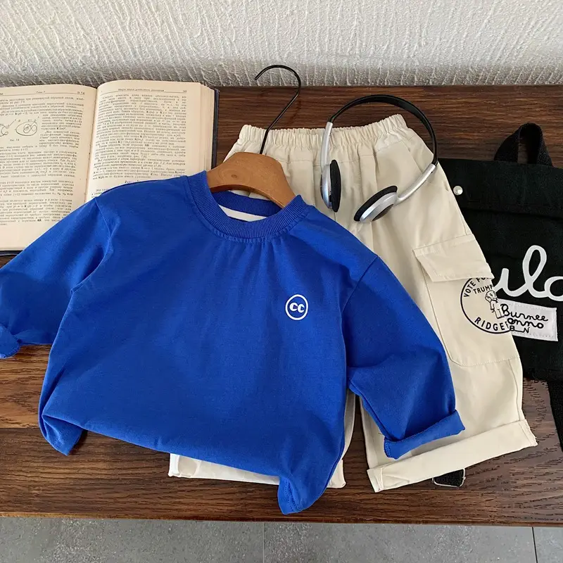Blue Pure Cotton Boys Letter T-Shirt Long Sleeve Autumn - Image 3