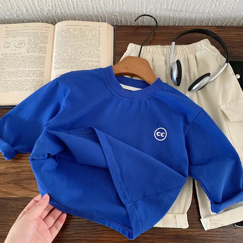 Blue Pure Cotton Boys Letter T-Shirt Long Sleeve Autumn — feature 5
