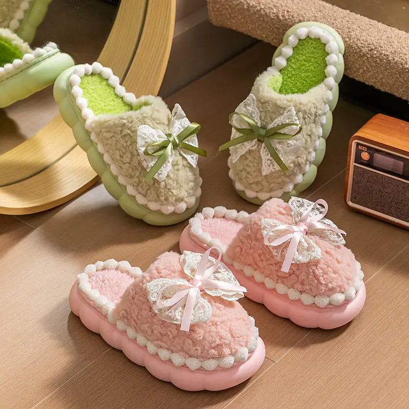 Cute Pink & Green Baby Slippers with Bow