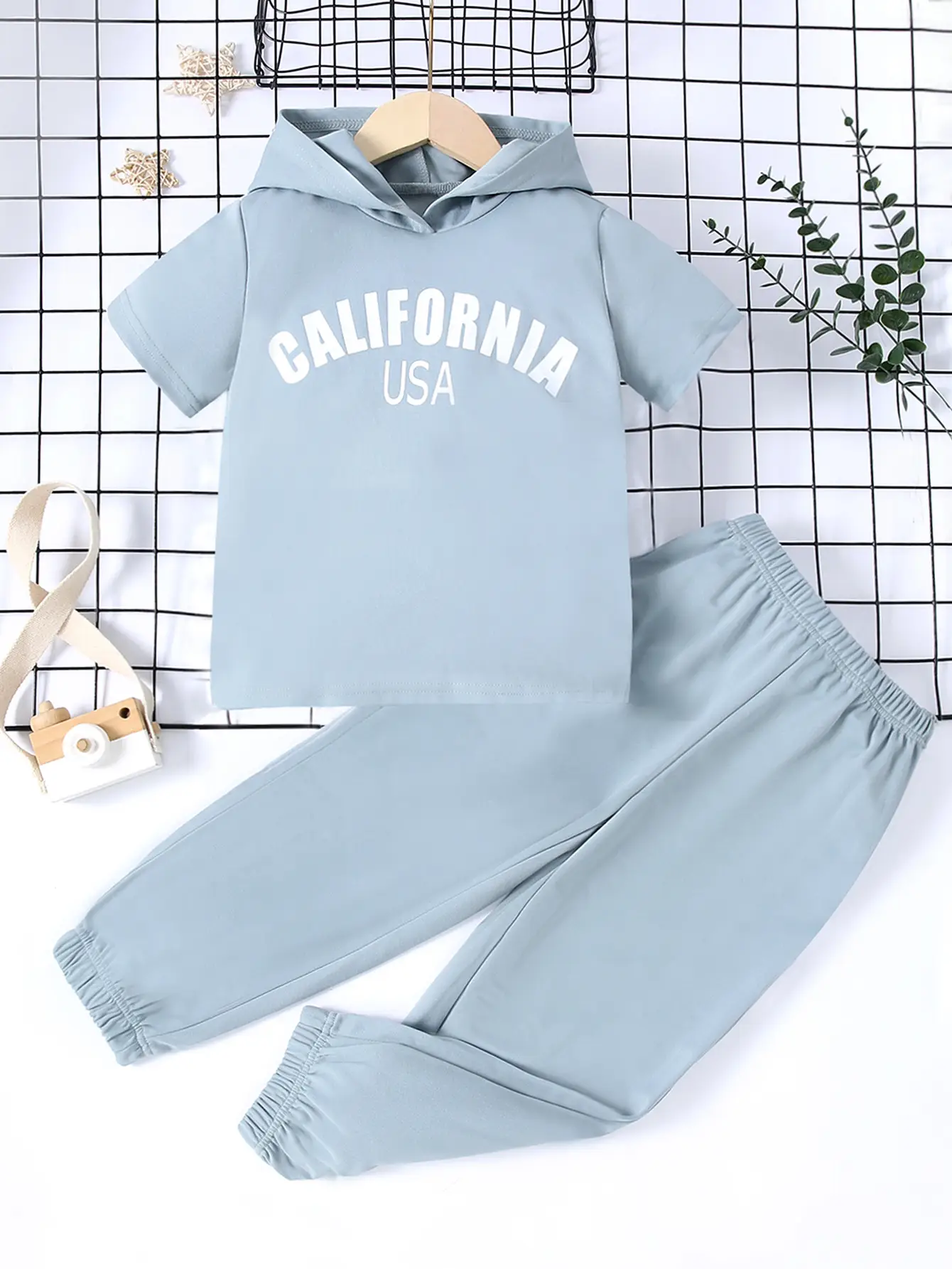 Cross-Border Light Blue Cotton Shorts Set for Boys