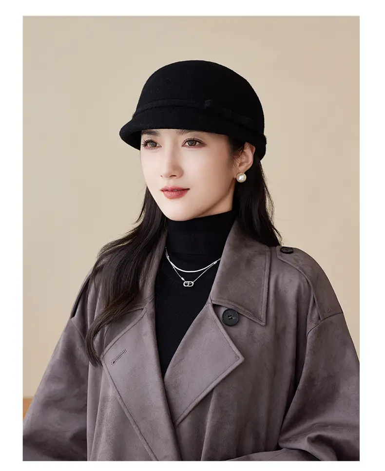 Women Wool Hat Autumn Winter High End Bow Elegant Retro Small Fragrant Duck Tongue Hat — feature 17