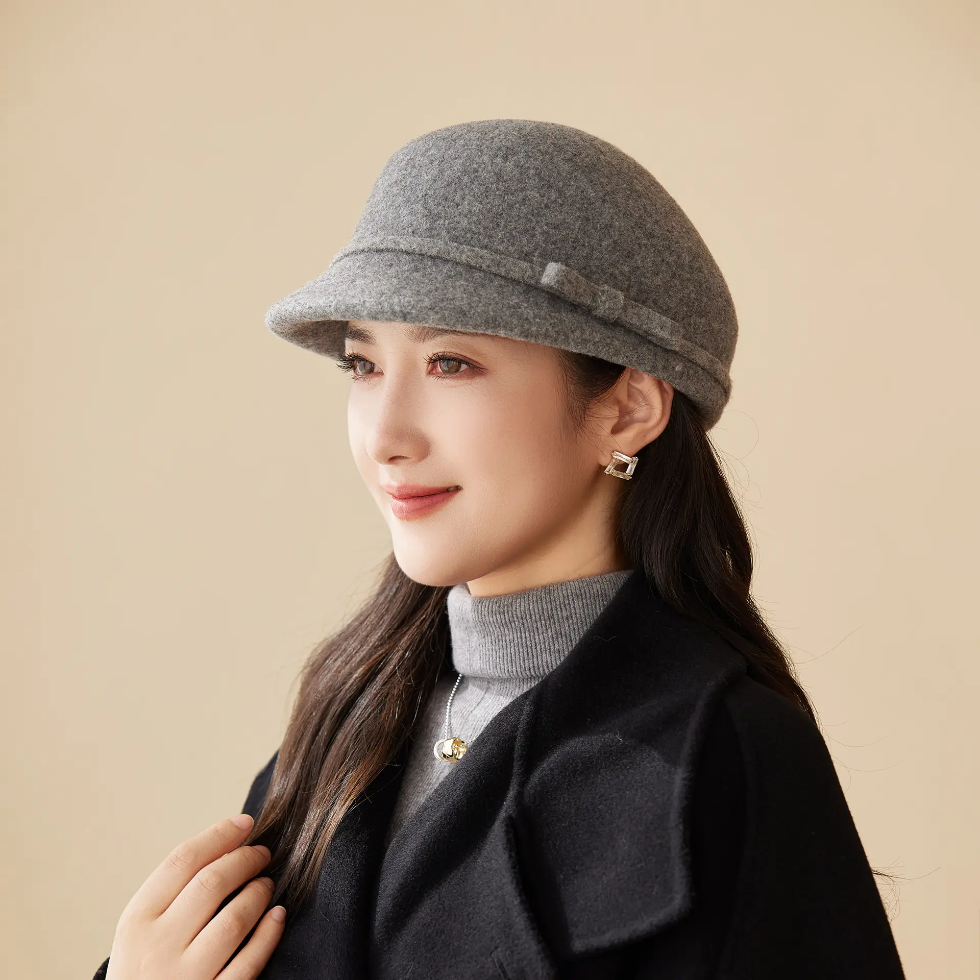 Women Wool Hat Autumn Winter High End Bow Elegant Retro Small Fragrant Duck Tongue Hat - Image 2
