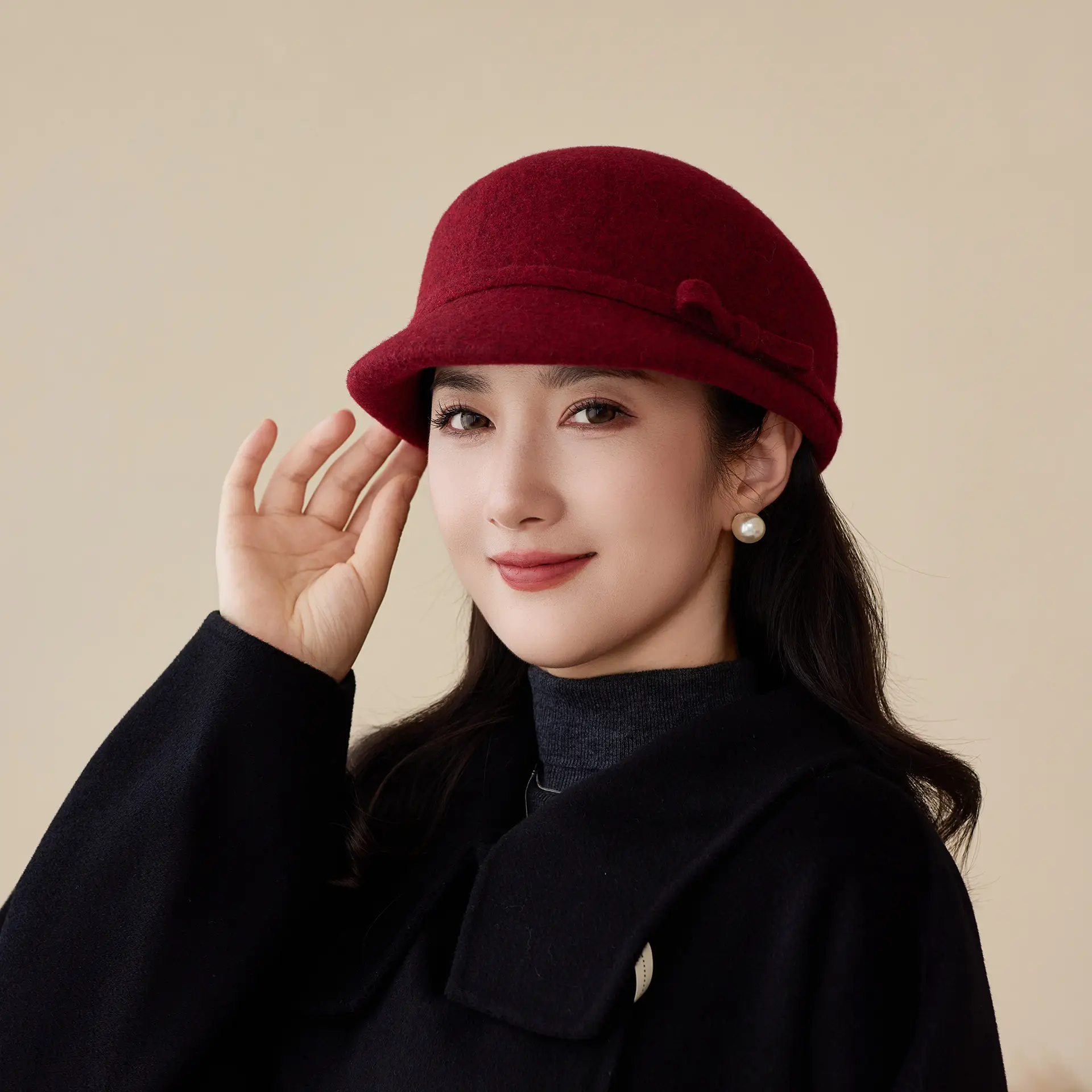Women Wool Hat Autumn Winter High End Bow Elegant Retro Small Fragrant Duck Tongue Hat - Image 3