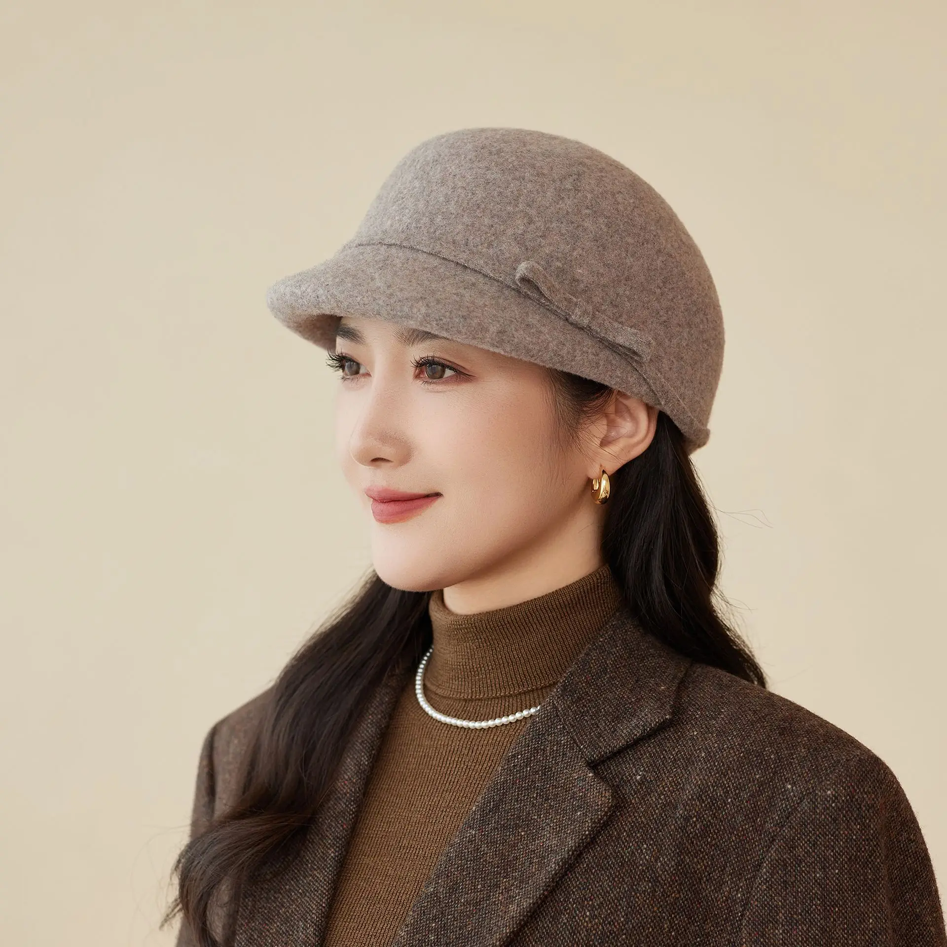 Women Wool Hat Autumn Winter High End Bow Elegant Retro Small Fragrant Duck Tongue Hat - Image 4