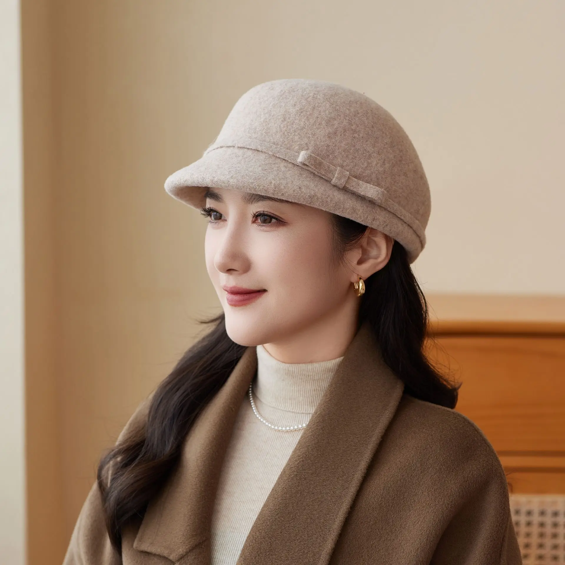 Women Wool Hat Autumn Winter High End Bow Elegant Retro Small Fragrant Duck Tongue Hat - Image 5