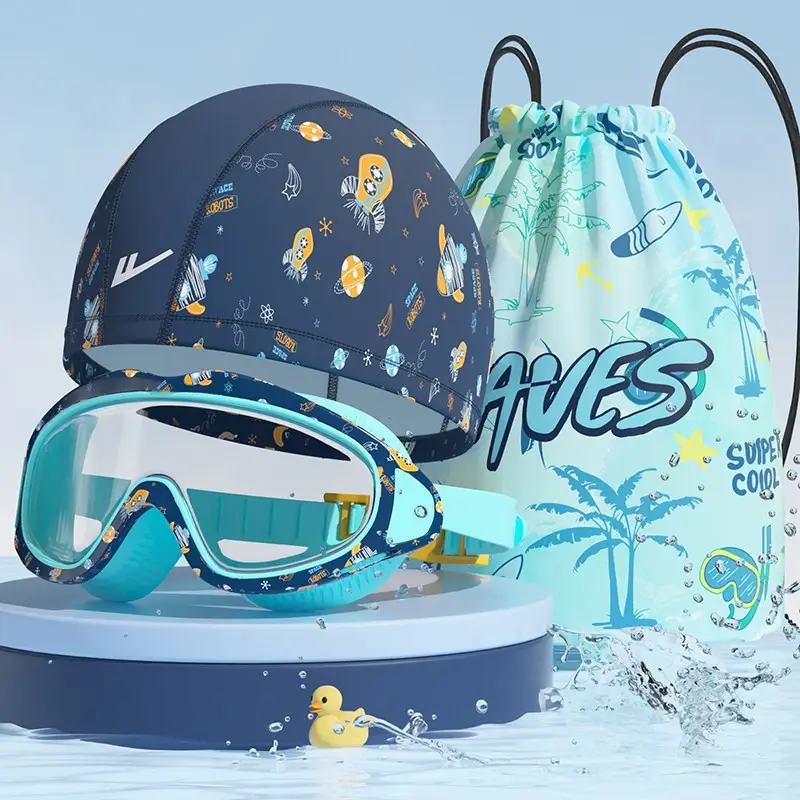 Pull Back Kidsren's Swimming Goggles and Swimming Caps for Boys Large Frame Waterproof and Anti-Fog High-Definition Swimming Goggles for Girls Professional Three-Piece Suit