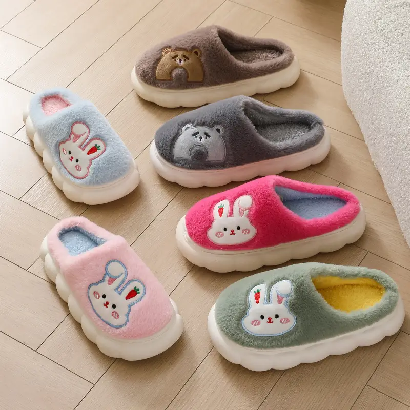 Autumn and Winter Home Plush Cotton Slippers for Women, Cute Rabbit Thick-Soled Cotton Slippers, Winter Fleece-Lined Warm Confinement Non-Slip Shoes