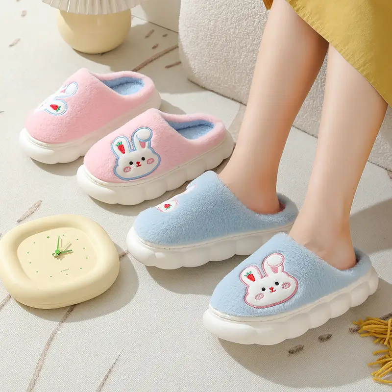 Autumn and Winter Home Plush Cotton Slippers for Women, Cute Rabbit Thick-Soled Cotton Slippers, Winter Fleece-Lined Warm Confinement Non-Slip Shoes