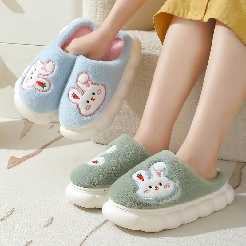 Autumn and Winter Home Plush Cotton Slippers for Women, Cute Rabbit Thick-Soled Cotton Slippers, Winter Fleece-Lined Warm Confinement Non-Slip Shoes