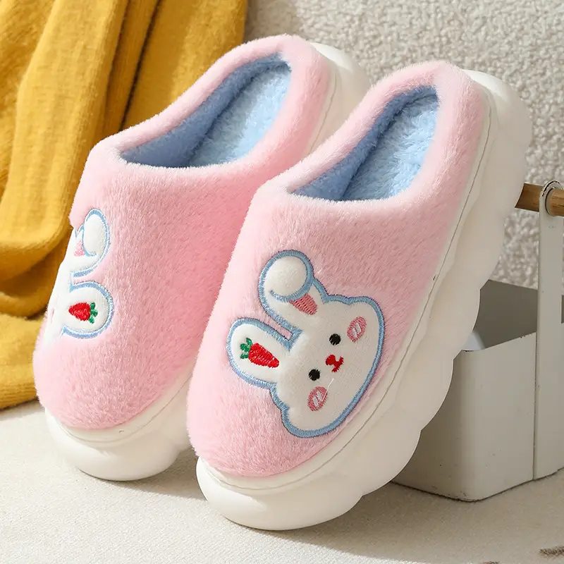 Autumn and Winter Home Plush Cotton Slippers for Women, Cute Rabbit Thick-Soled Cotton Slippers, Winter Fleece-Lined Warm Confinement Non-Slip Shoes