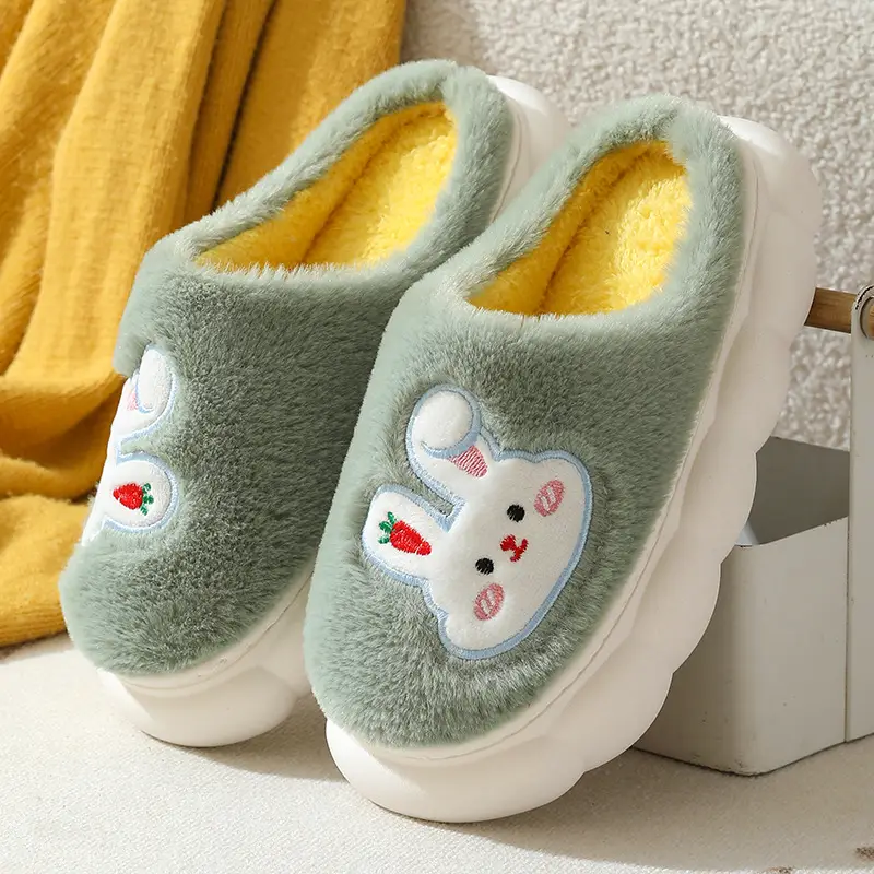 Autumn and Winter Home Plush Cotton Slippers for Women, Cute Rabbit Thick-Soled Cotton Slippers, Winter Fleece-Lined Warm Confinement Non-Slip Shoes