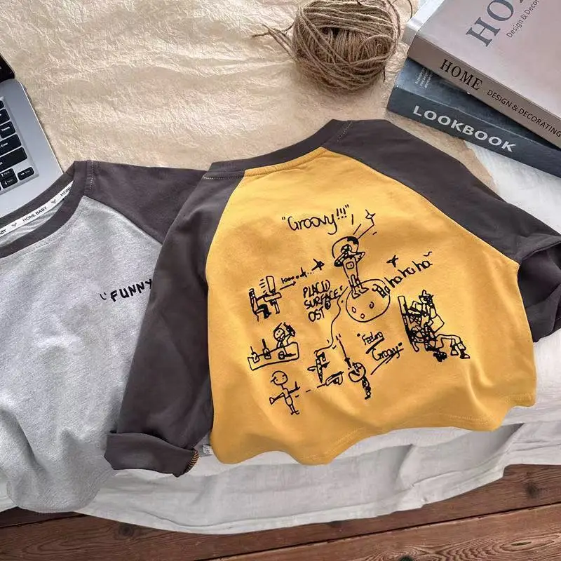 Girls Raglan Sleeve T-Shirt Gray Yellow Cartoon Print