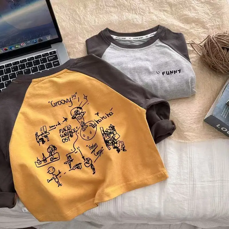 Girls Raglan Sleeve T-Shirt Gray Yellow Cartoon Print